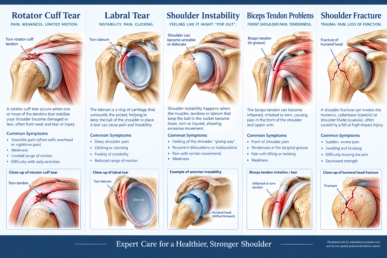 Chart of five shoulder conditions — rotator cuff tear, labral tear, shoulder instability, biceps tendon problems and shoulder fracture — each with an anatomical illustration and its common symptoms