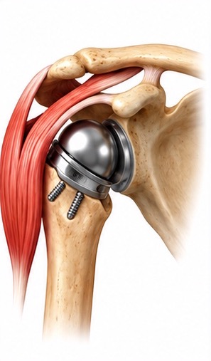 A reverse shoulder replacement, with the metal ball fixed to the socket side and the cup on the arm bone, the opposite of the natural joint, and the deltoid muscle alongside.
