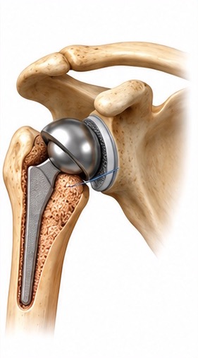 A revised shoulder replacement, the stem surrounded by packed bone graft filling the space left by the implant it replaced.