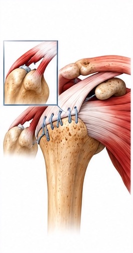 The rotator cuff tendon stitched back down onto the humerus, with a small inset showing the tear before the repair.