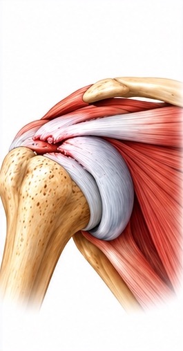 A shoulder joint seen from the front with the rotator cuff tendon torn where it meets the top of the humerus.