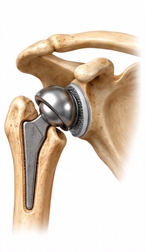 A shoulder replacement: a metal stem set into the humerus carrying a rounded head, seated against a resurfaced socket.